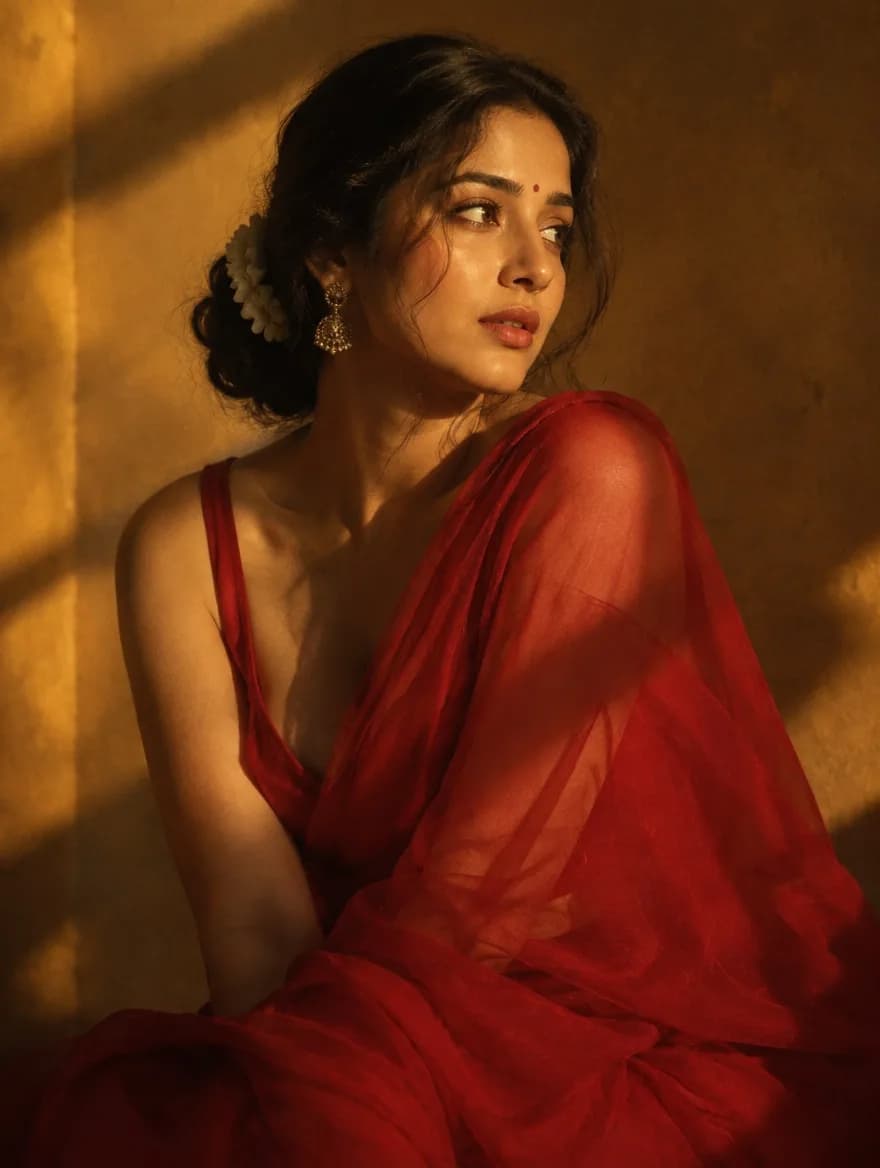 Retro Red Saree Bollywood Portrait
