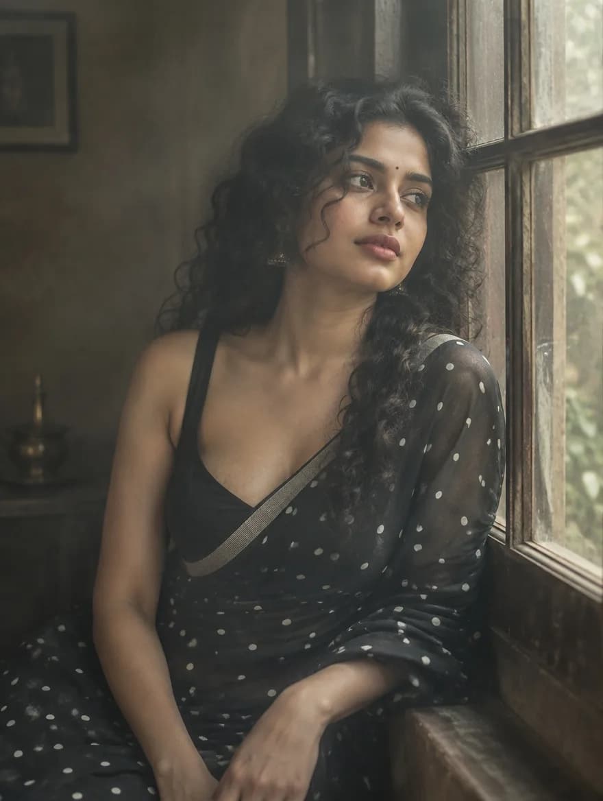 Black Polka-Dot Saree Vintage
