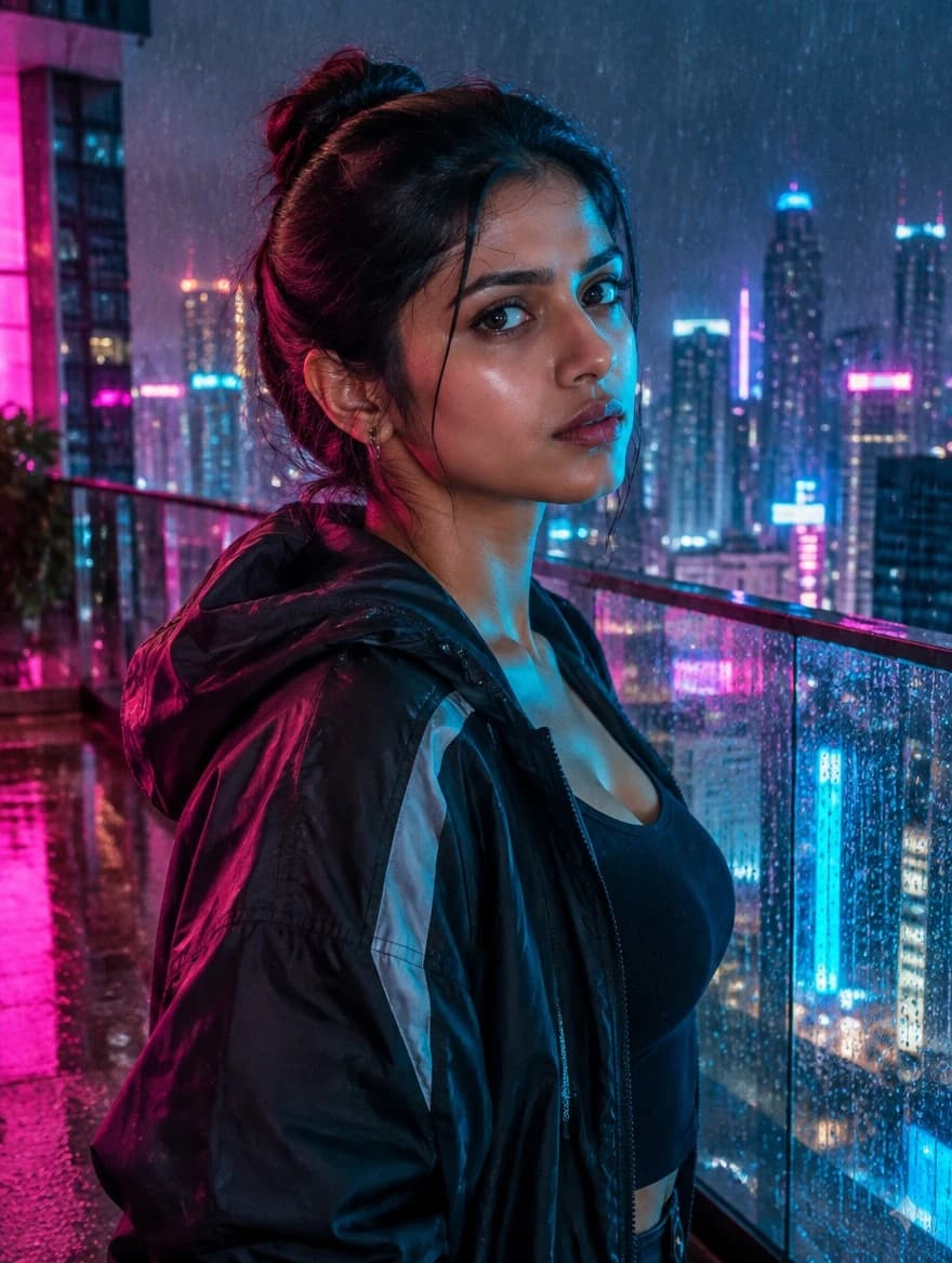 Cyberpunk Mumbai Skyline Balcony