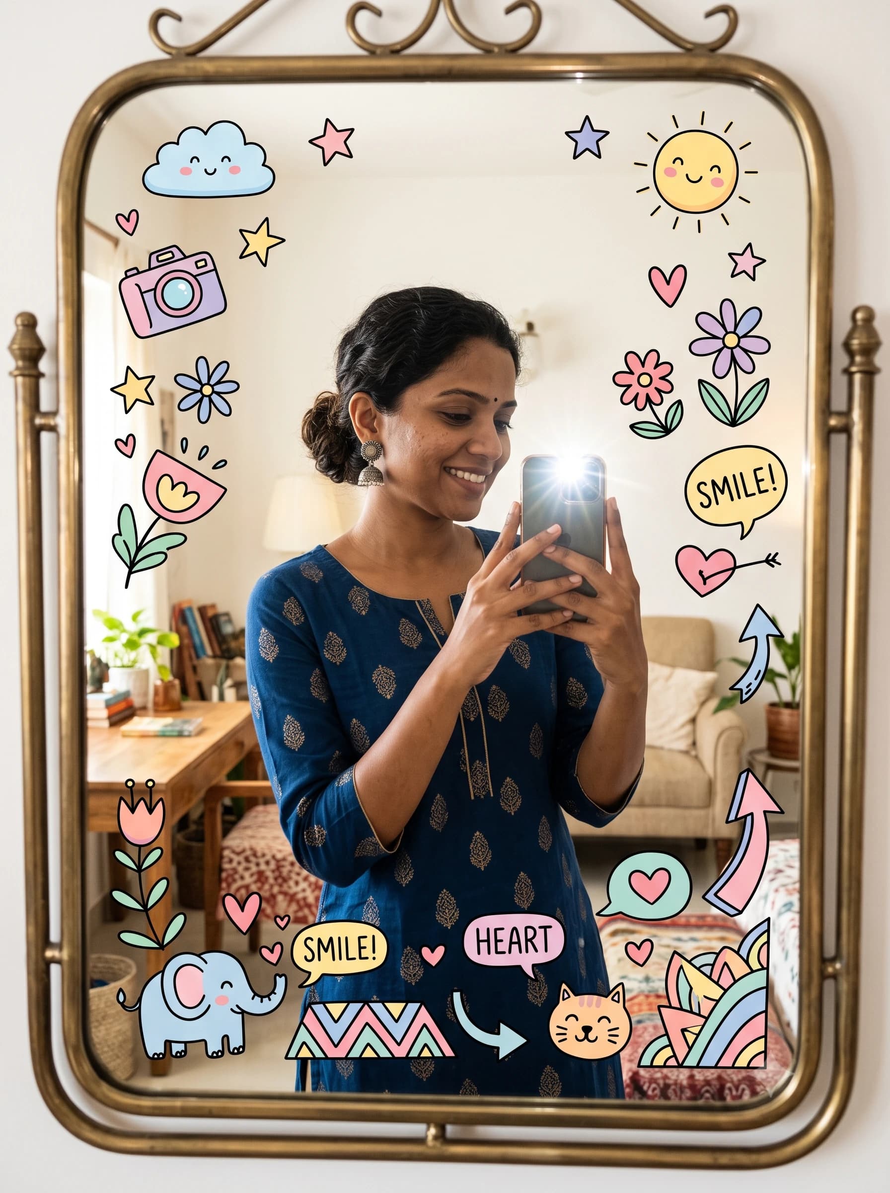 Mirror Selfie with Cartoon Stickers